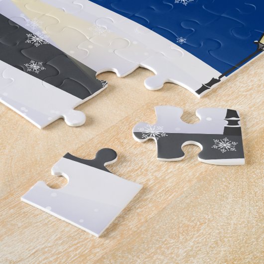 Gezellige Blauwe Kerstnacht in een Sneeuwrijk Dorp Legpuzzel (Zijkant)