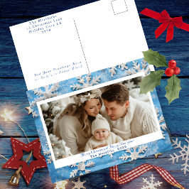 Gezellige Blauwe Sneeuwvlok Kerstfoto Feestdagenkaart