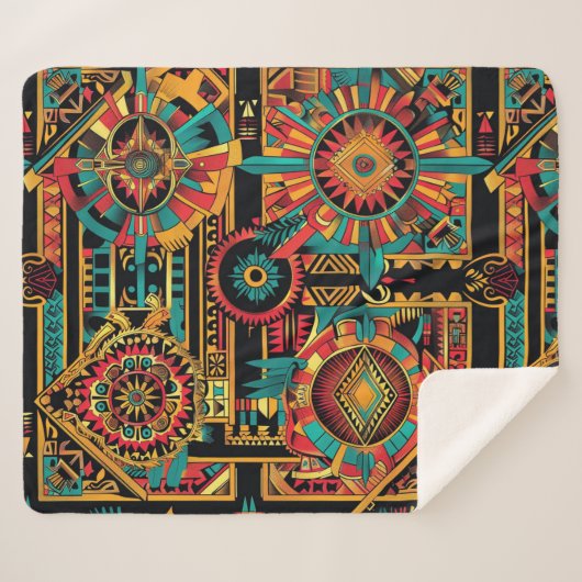 Gezellige Blauwgroen "Aztec Dream" Pluche Sherpa B Sherpa Deken (Voorkant (horizontaal))