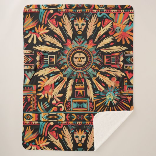 Gezellige Blauwgroen "Aztec Dream" Pluche Sherpa B Sherpa Deken (Voorkant)