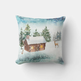 Gezellige Blokhut Winter Waterverf Kussen
