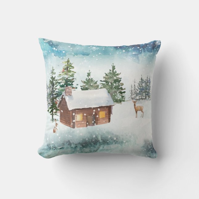 Gezellige Blokhut Winter Waterverf Kussen (Voorkant)