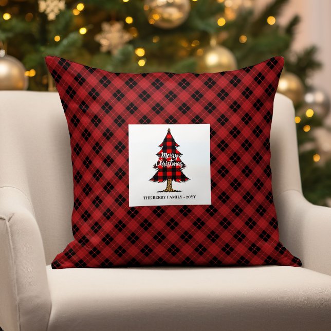 Gezellige boerderij kerst geruite naam kussen (Cozy Farmhouse Christmas Plaid Name Pillow)