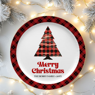 Gezellige boerderijplaid boom kerst papieren borde bordje