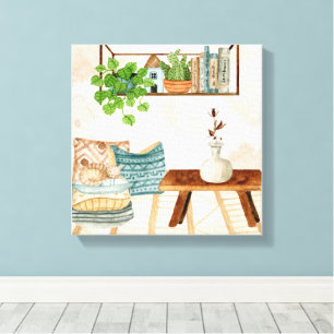 Gezellige Boheemse woonkamer watercolor kunst Canvas Afdruk