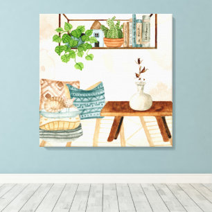 Gezellige Boheemse woonkamer watercolor kunst Canvas Afdruk