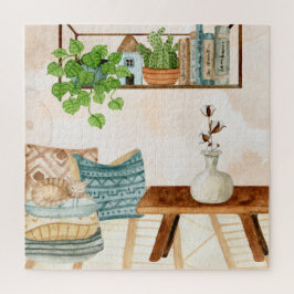 Gezellige Boheemse woonkamer watercolor kunst Legpuzzel