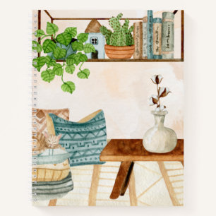 Gezellige Boheemse woonkamer watercolor kunst Notitieboek