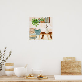 Gezellige Boheemse woonkamer watercolor kunst Poster