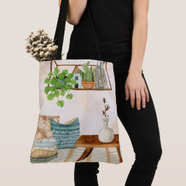 Gezellige Boheemse woonkamer watercolor kunst Tote Bag