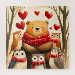 Gezellige bosbeer-uilfamilie winterliefde legpuzzel