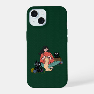Gezellige Breiende Vrouw met Zwarte Katten Hoesje iPhone 15 Case