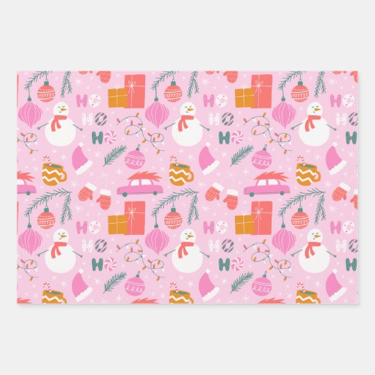 Gezellige Bright Pink Snowman Kerstmis Inpakpapier Vel (Voorkant)