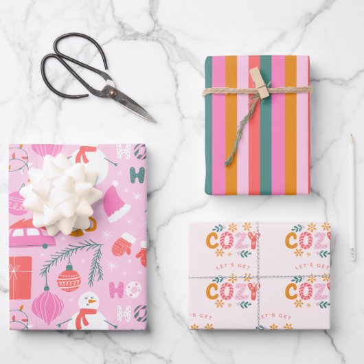 Gezellige Bright Pink Snowman Kerstmis Inpakpapier Vel (Voorkant)