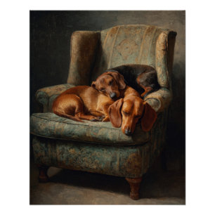 Gezellige bruine Dachshunds Vintage fauteuil kunst Perfect Poster