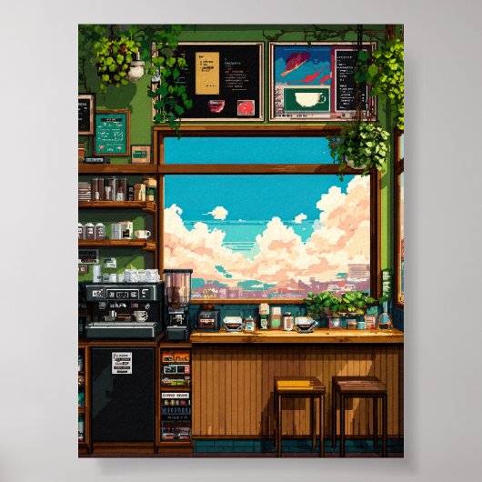 Gezellige Cafetaria Raam Pixelart Poster (Voorkant)