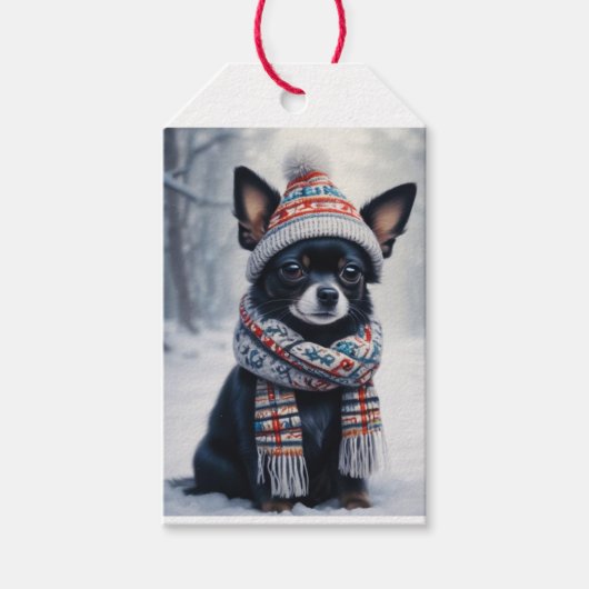 Gezellige Chihuahua in de sneeuw Cadeaulabel (Voorkant)