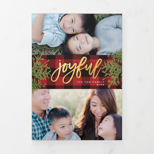 Gezellige chique rode geruite gouden Kerstmis foto Drieluik Uitnodiging (Cover)