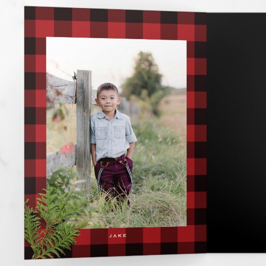 Gezellige chique rode geruite gouden Kerstmis foto Drieluik Uitnodiging (Binnenzijde eerst)