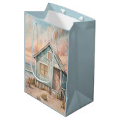 Gezellige Coastal Cottage Beach House Waterverf Medium Cadeauzakje (Voorkant Gekanteld)