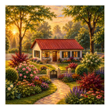 Gezellige Cottage Tuin bij Zonsondergang Olie Schi
