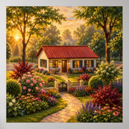 Gezellige Cottage Tuin bij Zonsondergang Olie Schi Poster