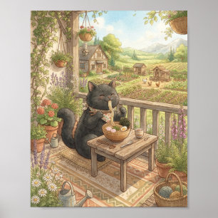 Gezellige Cottagecore Zwarte Kat die Ramen Slurpt  Poster