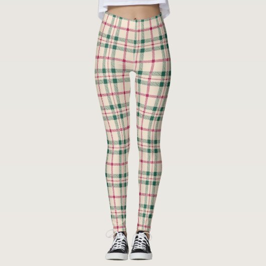 Gezellige Cream Tartan Plaid Roze & Groene Cheques Leggings (Voorkant)