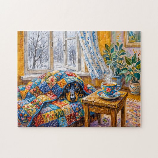 Gezellige Dachshond Rustend op Patchwork Winterdek Legpuzzel (Horizontaal)