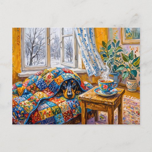 Gezellige Dachshund Rustend op Patchwork Winterdek Briefkaart (Voorkant)