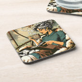 Gezellige dame lezen met koffie en kat bier onderzetter (Linkerzijde)