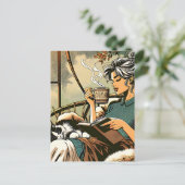 Gezellige dame lezen met koffie en kat briefkaart (Staand voorkant)