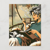 Gezellige dame lezen met koffie en kat briefkaart (Voorkant)