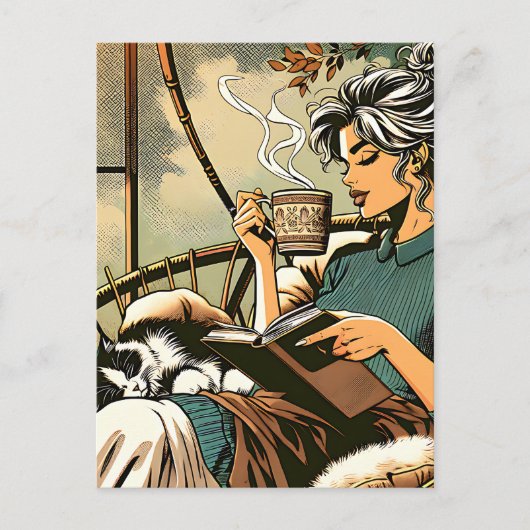 Gezellige dame lezen met koffie en kat briefkaart (Voorkant)