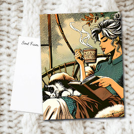 Gezellige dame lezen met koffie en kat briefkaart