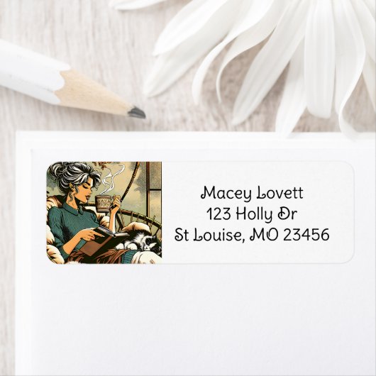 Gezellige dame lezen met koffie en kat etiket (Insitu)