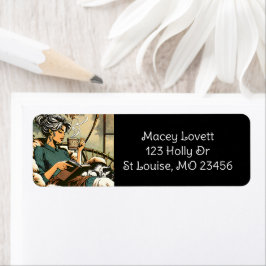 Gezellige dame lezen met koffie en kat etiket