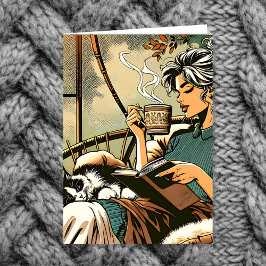 Gezellige dame lezen met koffie en kat kaart