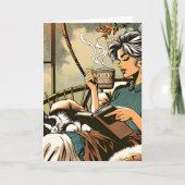 Gezellige dame lezen met koffie en kat kaart (Voorkant)