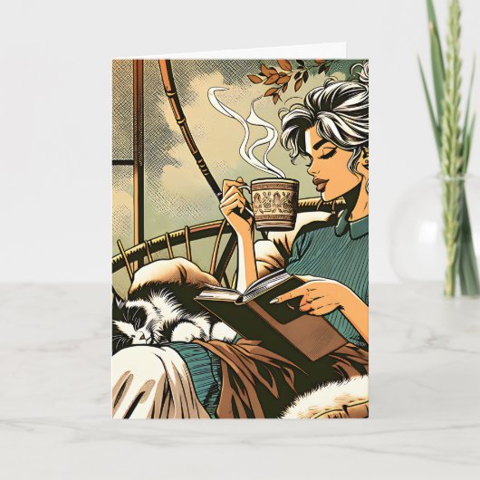 Gezellige dame lezen met koffie en kat kaart (Voorkant)