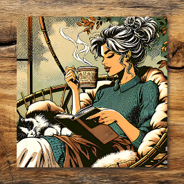 Gezellige dame lezen met koffie en kat Kaart Poster