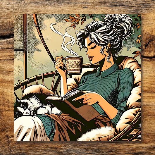 Gezellige dame lezen met koffie en kat Kaart Poster