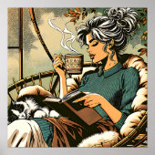 Gezellige dame lezen met koffie en kat Kaart Poster (Voorkant)