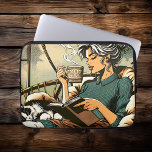 Gezellige dame lezen met koffie en kat laptop sleeve<br><div class="desc">Een  dame die in haar knusse Papasan stoel een boek leest en koffie drink met een schattige zwart-witte kat die op haar schoot slaapt.</div>