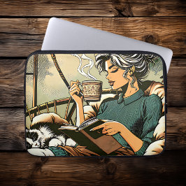 Gezellige dame lezen met koffie en kat laptop sleeve