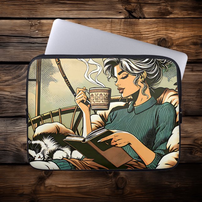 Gezellige dame lezen met koffie en kat laptop sleeve (Creator heeft geüpload)