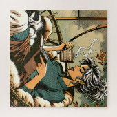 Gezellige dame lezen met koffie en kat legpuzzel (Horizontaal)