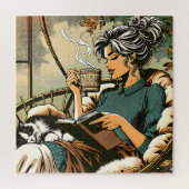 Gezellige dame lezen met koffie en kat legpuzzel (Verticaal)