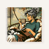 Gezellige dame lezen met koffie en kat notitieboek (Voorkant)
