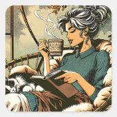 Gezellige dame lezen met koffie en kat vierkante sticker (Voorkant)